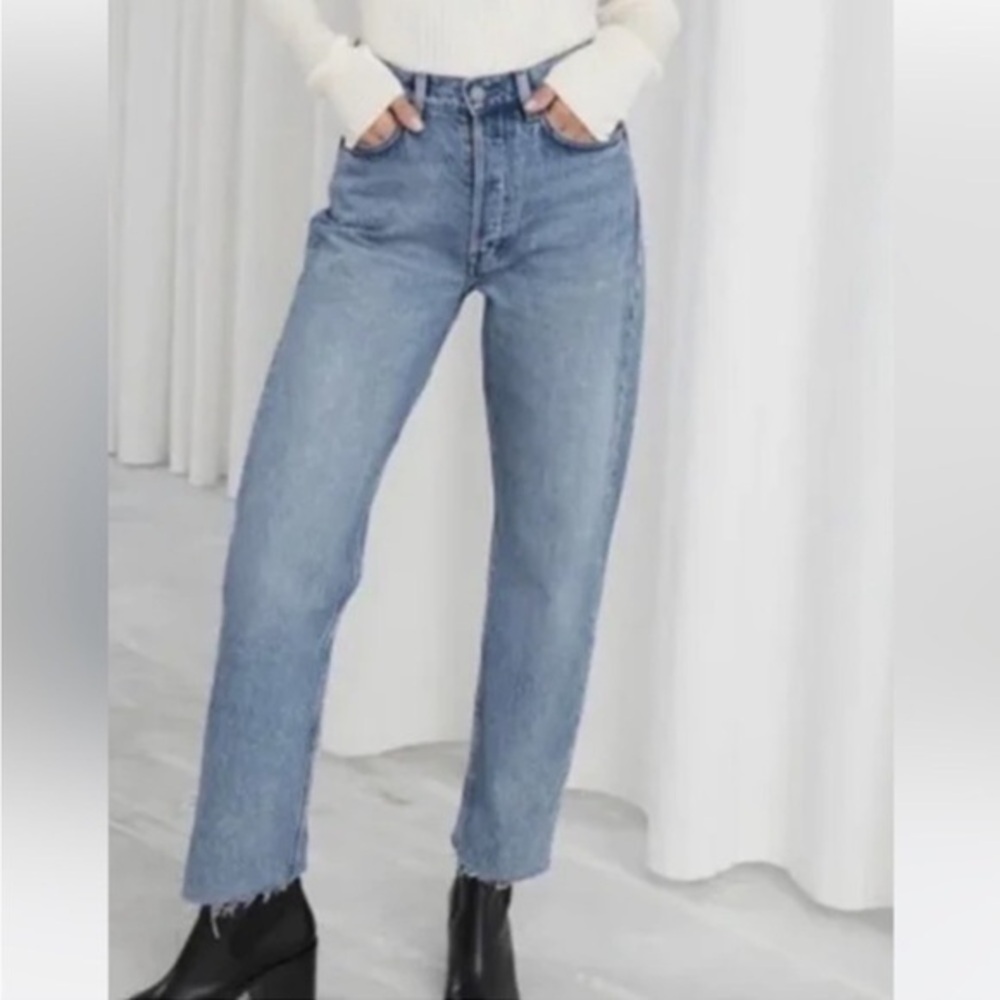 & Other Stories Cropped Frayed Hem Straight Blue Jeans